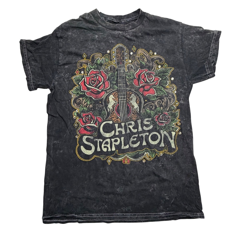 Chris Stapleton Graphic T-Shirt Black Mineral Wash Rose Guitar Rhinestone Small